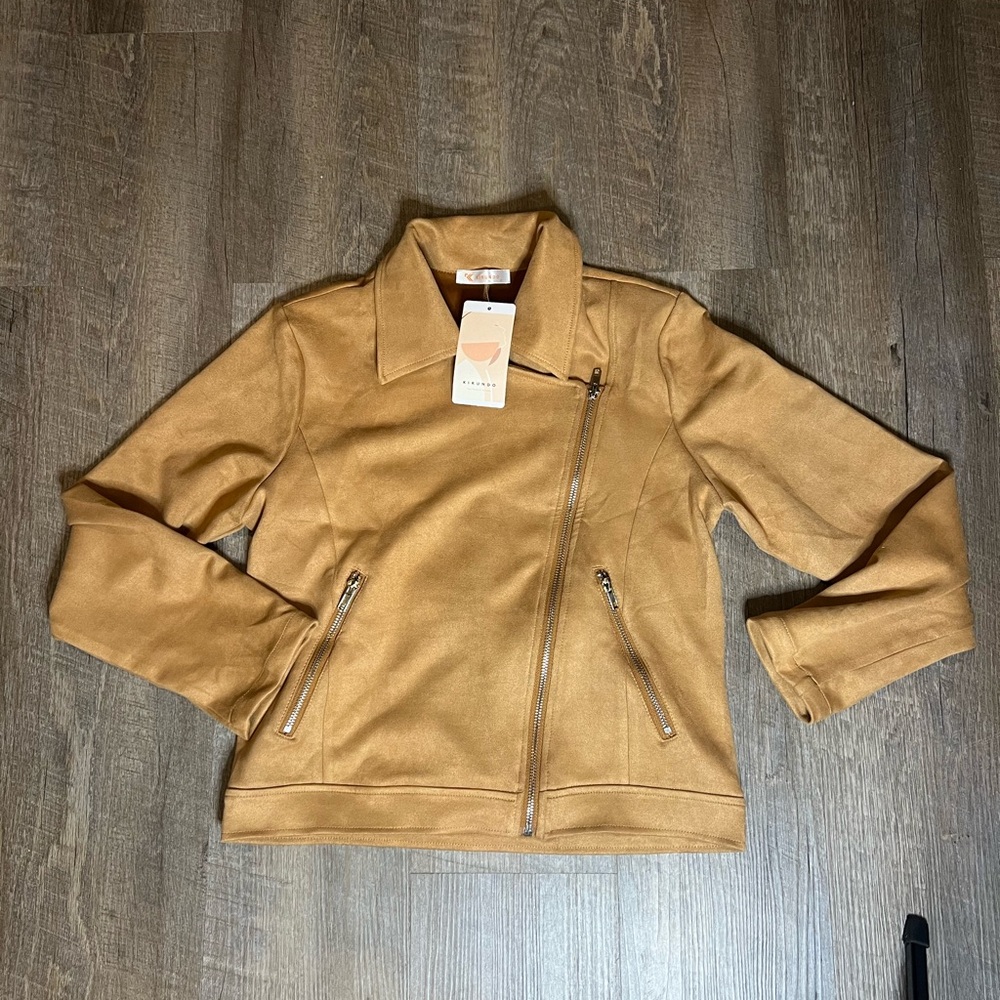 KIRUNDO Women's Super Soft Faux Suede Camel Trendy Moto Jacket SZ Small NEW